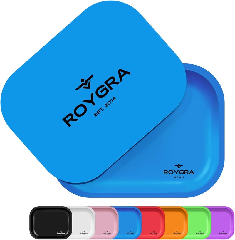 roygra Rolling Tray with Magnetic Lid Set, Small Metal Tray with Lid, Cigarette Pre Roll Smoking Accessories, Portable Smell Proof Rolling Trays for Smokers, Home Table Decor, 7 x 5.5 inch - Blue - Image 1